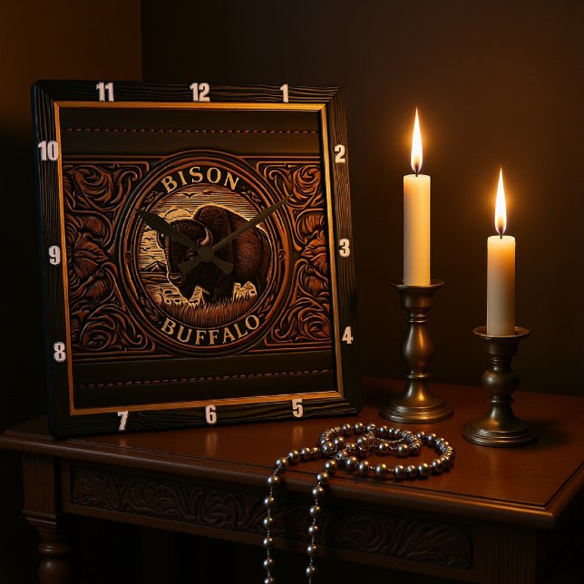 Horloge Carrée Bison Buffalo Tooled Buffalo Sunset (Créateur téléchargé)