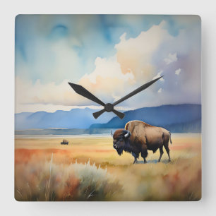 Horloge Carrée Bison dans le pré