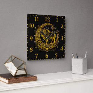 Horloge Carrée Bison debout dans un croissant floral conception l