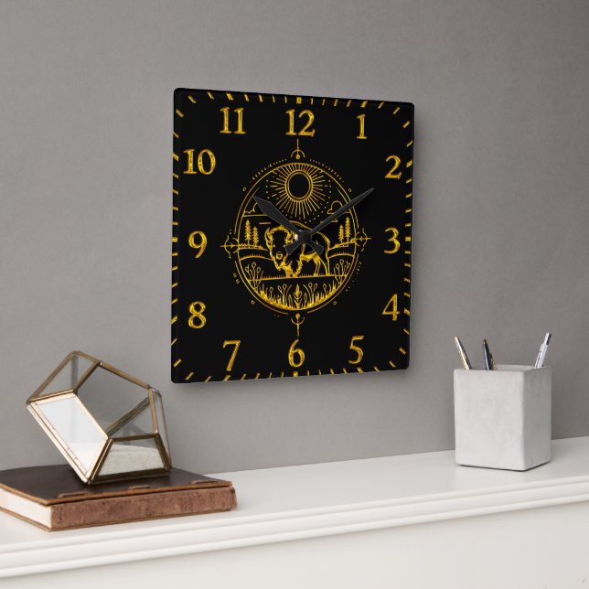 Horloge Carrée Bison d'or debout dans un paysage pittoresque (Bureau)