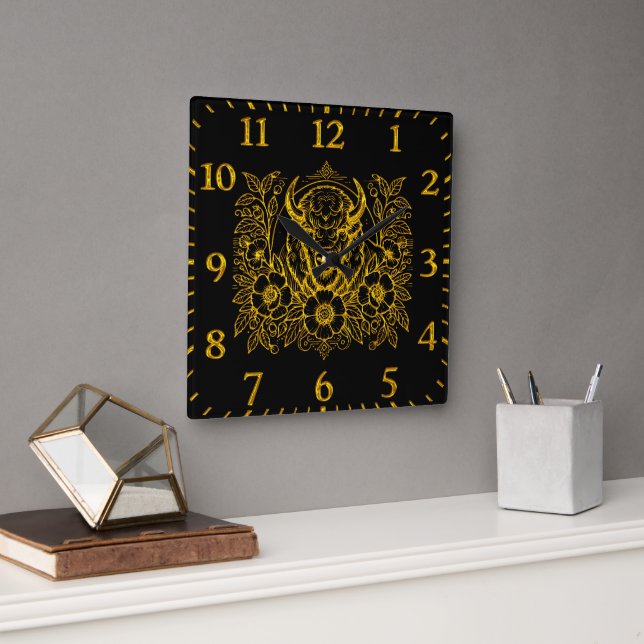Horloge Carrée Bison d'or parmi les fleurs (Bureau)