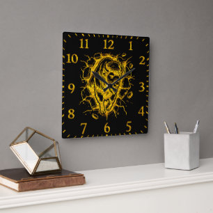 Horloge Carrée Bison qui éclate à travers un mur