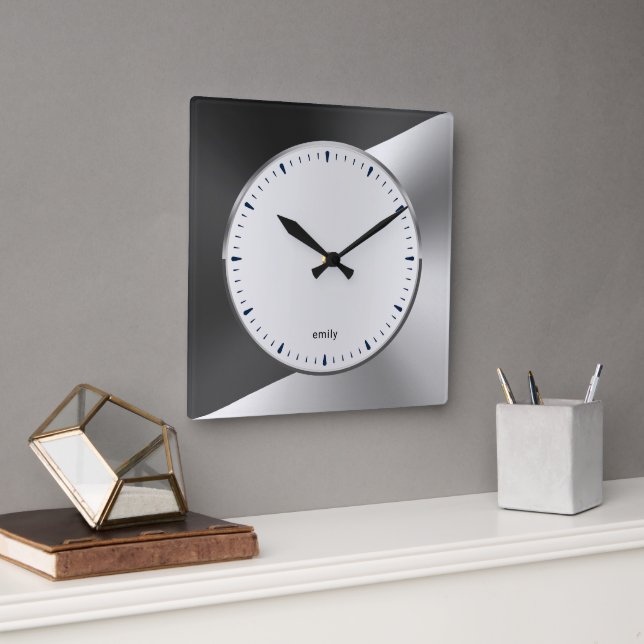Horloge Carrée Bla & Argent Moderne Métallo Design géométrique La (Bureau)