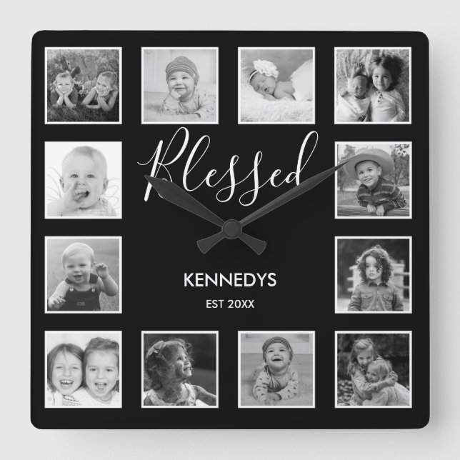 Horloge Carrée Black And White 12 Photo Collage Blessed Family (Recto)