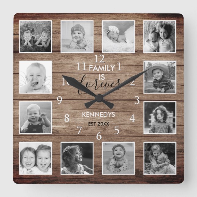Horloge Carrée Black And White 12 Photo Collage Family Nom Wood (Recto)