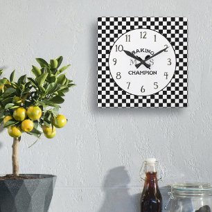 Horloge Carrée Black and White Chef Check Kitchen Clock