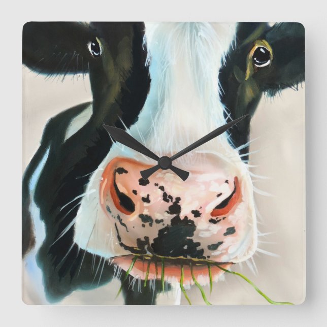 Horloge Carrée Black and white cow face Gordon Bruce art (Recto)