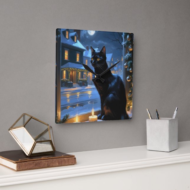 Horloge Carrée Black Cat With Christmas Lights Holiday (Bureau)
