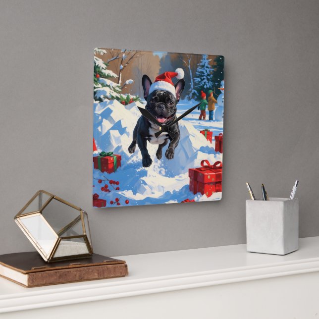 Horloge Carrée Black French Bulldog Festive de Noël Scène de neig (Bureau)