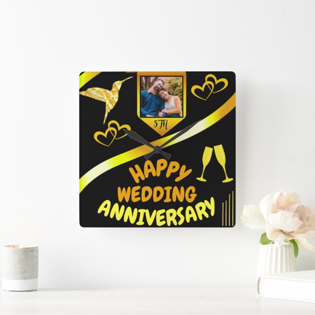 Horloge Carrée Black & Gold Joyeux 5e anniversaire Mariage cadeau (Maison)