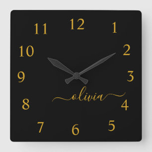 Horloge Carrée Black Gold Script Monogram Girly