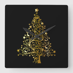 Horloge Carrée Black Gold Stars Christmas Tree Elegant Wall Clock