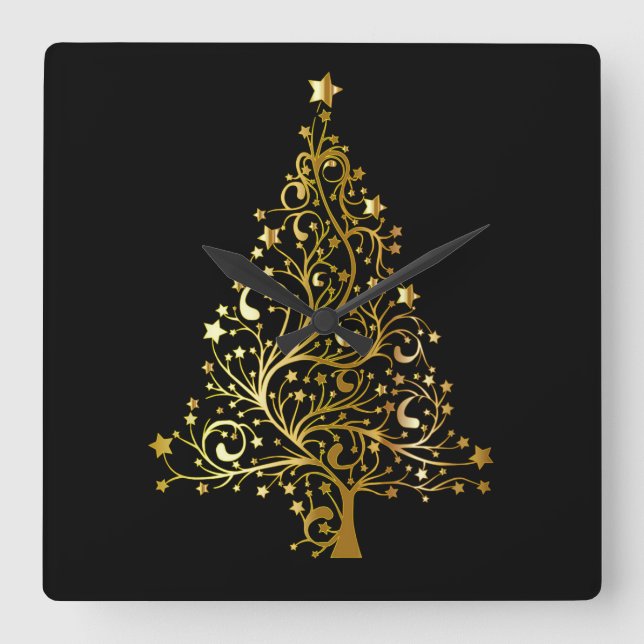 Horloge Carrée Black Gold Stars Christmas Tree Elegant Wall Clock (Recto)