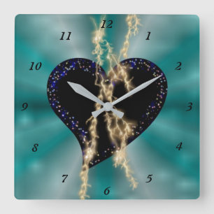 Horloge Carrée Black Heart with Stars on Green Rainbow
