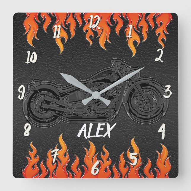 Horloge Carrée Black Leather Orange Flames (Recto)
