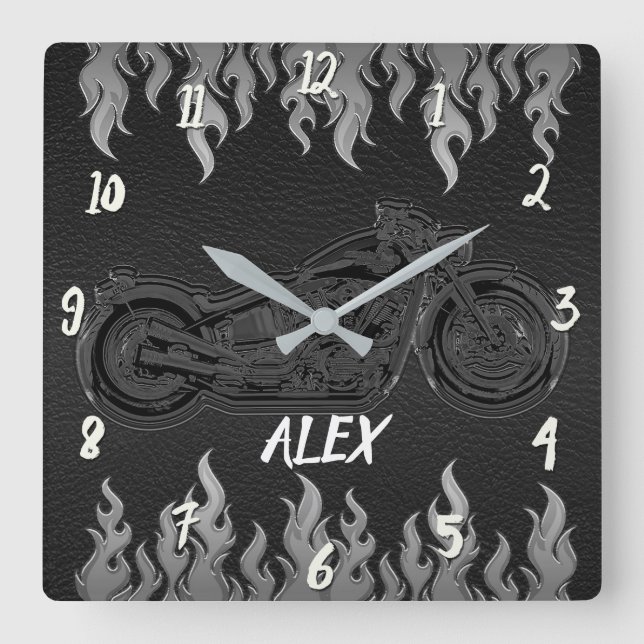 Horloge Carrée Black Leather & Silver Flames Hot Fire Motorcycle (Recto)
