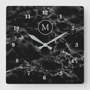 Horloge Carrée Black Marble Stone - Add Your Letter /Year/Number