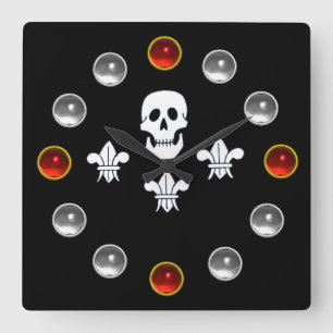 HORLOGE CARRÉE BLACK PIRATE FLAG JOLLY ROGER SKULL,THREE LILIES