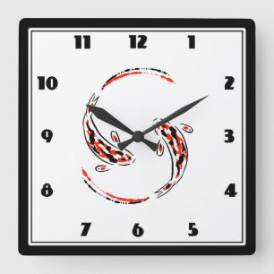 Horloge Carrée Black & Red Japanese Koi Fish Artistic