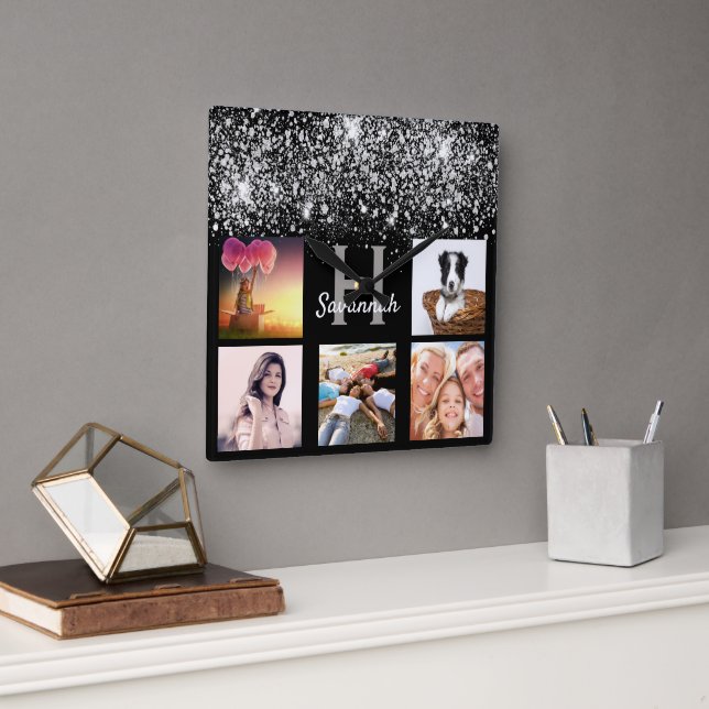 Horloge Carrée Black silver glitter dust custom photo collage (Bureau)