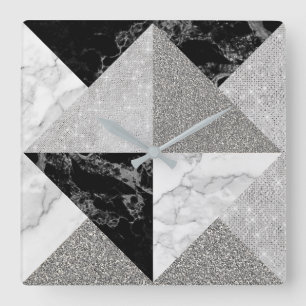 Horloge Carrée Black Silver Glitter Marble Gray Geometry Metallic