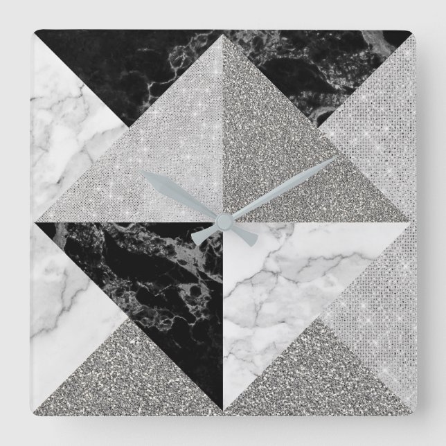 Horloge Carrée Black Silver Glitter Marble Gray Geometry Metallic (Recto)