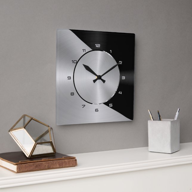 Horloge Carrée Black & Silver Modern Metallic Geometric design 2 (Bureau)