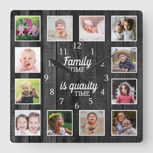 Horloge Carrée Black Wood 12 Photo Template Family Time Quote (Recto)