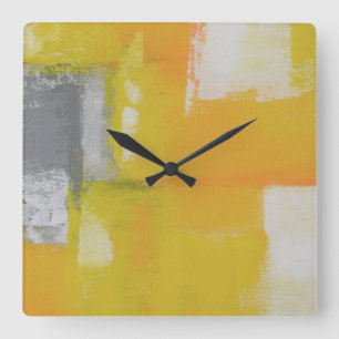 Horloge Carrée blanc jaune gris de peinture abstraite moderne