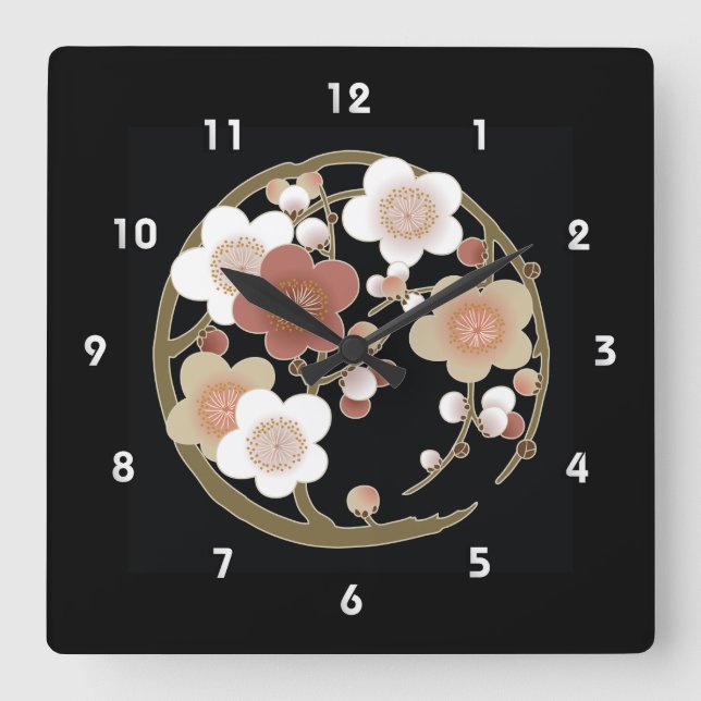 Horloge Carrée Blanc rose Brown Sakura Japonais Kimono Motif (Recto)
