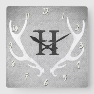Horloge Carrée Blanc Rustique & Gris Bois de Cerf Toile de Jute C