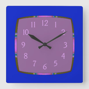Horloge Carrée Bleu avec bordure arc-en-ciel et centre mauve