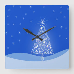 Horloge Carrée Bleu Blanc Joyeux Arbre de Noël Étoiles Nuit Lumiè