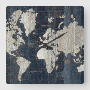 Horloge Carrée Bleu de carte de Vieux Monde