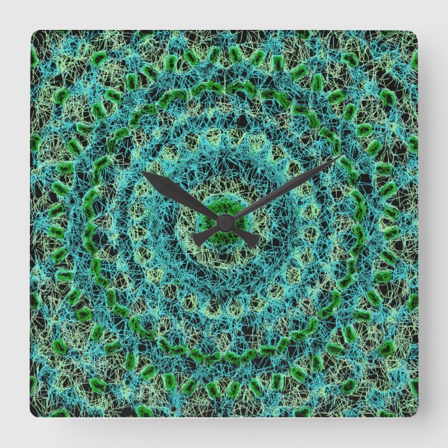 Horloge Carrée Bleu de plage et Spiderweb vert (Recto)