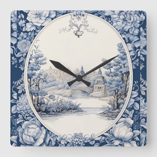 Horloge Carrée Bleu de toile à fleurs (Recto)