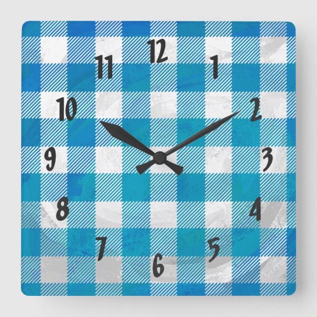 Horloge Carrée Bleu et blanc À damiers Buffalo Plaid (Recto)
