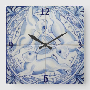 Horloge Carrée Bleu et blanc Lapin Lapin Trois Hares Carrelage D