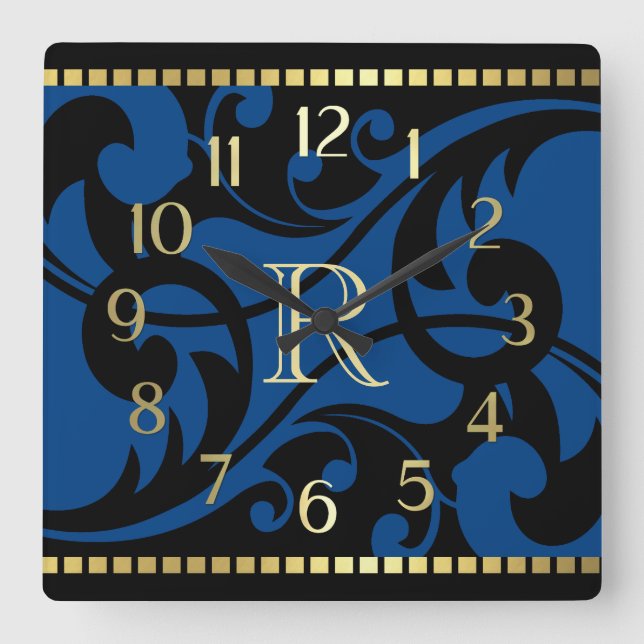 Horloge Carrée Bleu Flourissant Design Gold Bordure avec Monogram (Recto)