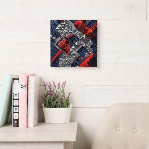 Horloge Carrée Bleu foncé Rouge vif Argent Micro Mosaïque 3D