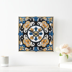 Horloge Carrée Bleu Jaune Blanc Noir Azuleju Espagnol Marocain