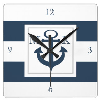 Horloge Carrée Bleu nautique et Ancre avec Monogramme