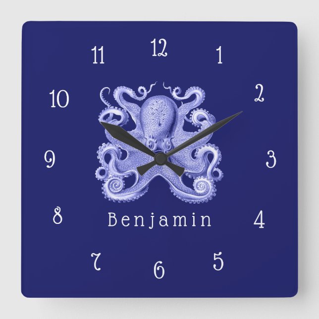 Horloge Carrée Bleu Octopus Plage Côtière Nautique Nom de la mais (Recto)