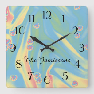 Horloge Carrée Bleu Pastel avec Petits Coeurs, Horloge, Nom,
