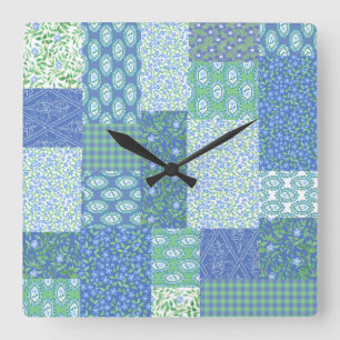 Horloge Carrée Bleu Périwinkle Floral Boho Faux Motif Patchwork