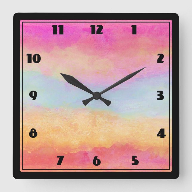 Horloge Carrée Bleu rose Jaune arc-en-ciel Abstraites bandes (Recto)