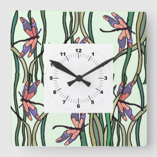 Horloge Carrée Bleu rouge mignon et Feuilles verts