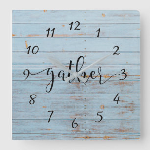 Horloge Carrée Bleu Rustique Cuir en bois Ferme Rustique