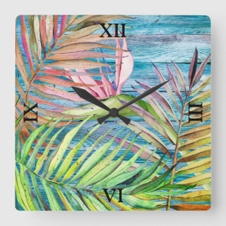 Horloge Carrée Bleu Rustique Tropical Jardin Oiseau du Palmier du