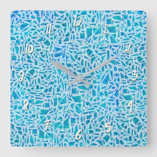 Horloge Carrée Bleu Turquoise Mosaïque De Verre Tile Moderne Chic (Recto)
